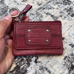 Fossil Mercer Pop Stitch Coin Purse Raspberry Burgundy Leather Keychain Wallet